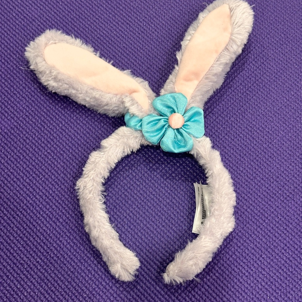 Gray Bunny Ear Headband with Blue Flower